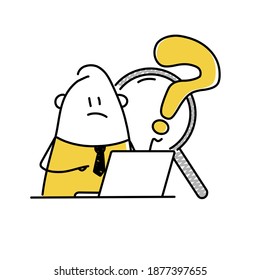 Un tieso en el portátil. Preguntas frecuentes y secciones de la página de inicio de soporte técnico. Ilustración vectorial.