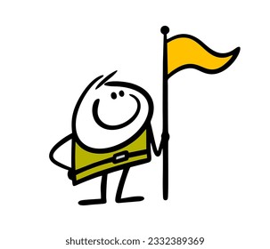 Cute stickman in a medieval costume holds a triangular flag. Vector illustration of a knight tournament scenery. Cartoon stick man character isolated on white background. 