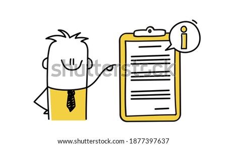 Cute stickman pointing on blank. Guides, FAQ and support landing page sections. Vector illustration.