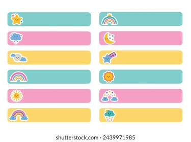 Cute sticky note papers printable set. Set of pieces of colored patterned washi tape with rainbows, sun, stars. Scrapbook stripes, sticky label tags and decorative scotch strip.