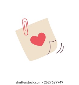 Cute sticky note with red heart and paperclip. Minimalist romantic illustration, perfect for love messages or Valentine's Day designs.