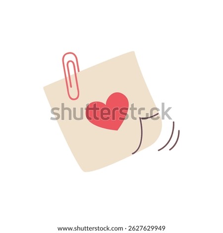 Cute sticky note with red heart and paperclip. Minimalist romantic illustration, perfect for love messages or Valentine's Day designs.