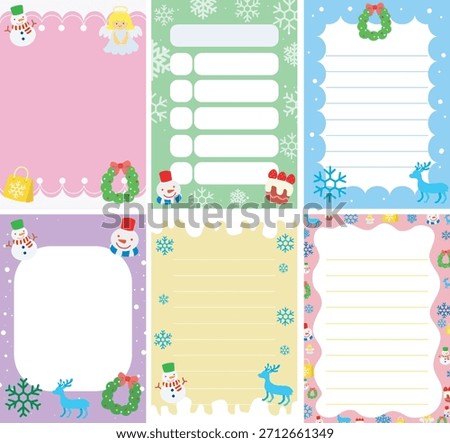 Cute sticky notes with christmas theme. pink, green and blue background and snowman pattern 