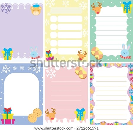 Cute sticky notes with christmas theme. purple, yellow and green background with gift box illustration