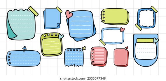 Cute Sticky Notes Papel Bloc de notas Vector Colección Set. Coloridas hojas de papel para mensajes, revistas, planificadores, listas de tareas pendientes, Plantilla de notas. Dibujado a mano de dibujos animados Notas adhesivas Ilustraciones vectoriales planas