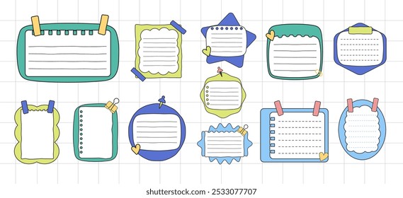 Nette klebrige Notizen Papier Notizblöcke Vektor-Kollektion Set. Bunte Papierblätter für Nachrichten, Zeitschriften, Planer, Aufgabenlisten, Memovorlagen. Cartoon handgezeichnet Sticky Notes flache Vektorgrafiken