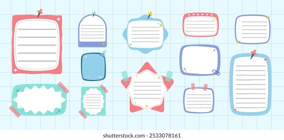 Cute Sticky Notes Paper Notepads Vector Collection Set. Colorful Paper Sheets for Message, Journals, Planners, To-Do Lists, Memo Template. Cartoon Hand Drawn Sticky Notes flat vector illustrations