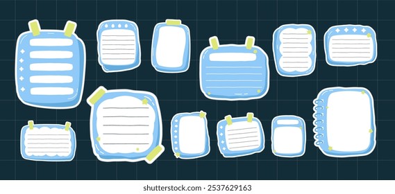 Cute Sticky Notes Paper Notepads Vector Collection Set. Blue Paper Sheets for Message, Journals, Planners, To-Do Lists, Memo Template. Cartoon Hand Drawn Sticky Notes flat vector illustrations