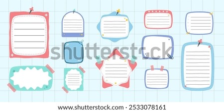 Cute Sticky Notes Paper Notepads Vector Collection Set. Colorful Paper Sheets for Message, Journals, Planners, To-Do Lists, Memo Template. Cartoon Hand Drawn Sticky Notes flat vector illustrations