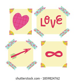 A cute sticky notes set with washi tape and photo corners. Happy Valentine's day stickers, wall art prints or paper pages with heart, love, arrow and infinity sign.