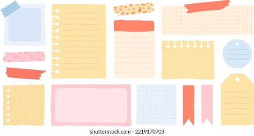 Cute sticky paper notes, blank notebook pages, tags, colorful washi tape with patterns. memo sheet stickers, daily planner or scrapbook decoration elements vector set