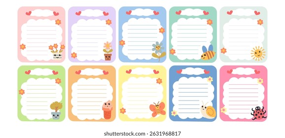 Cute sticky paper notes vector set, perfect as daily planner decoration elements with colorful and playful designs.