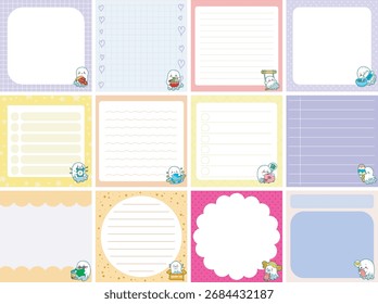 Lindos planificadores pegajosos con variación de patrón y color pastel. lindas notas pastel con carácter fantasma blanco