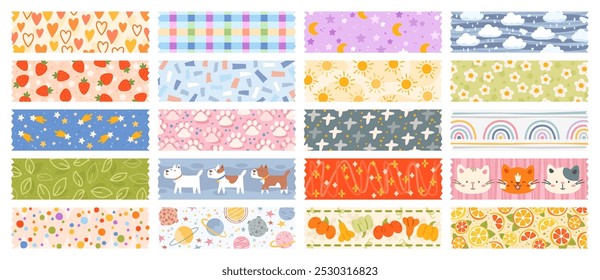 Cute sticky tapes scraps. Decorative baby washi tape pieces. Plaster with funny patterns. Kawaii school stationery. Scrapbook adhesive ribbon. Ripped scotch parts. Recent