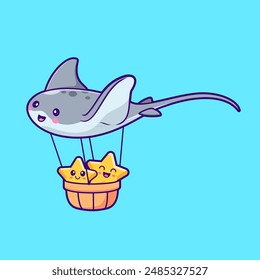 Cute Stingray Bring Star In Bucket Cartoon Vector Icon Illustration. Animal Nature Icon Concept Isolated Premium Vector. Flat Cartoon Style