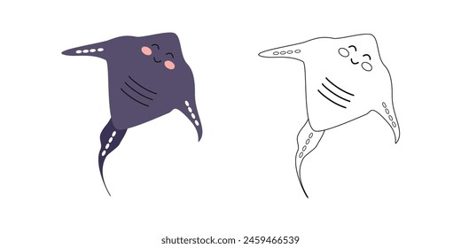 Cute stingray character, sea animal. Vector cartoon illustration for children's coloring books, outline and example in color.