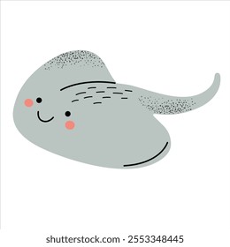 Cute stingray fish. Flat cartoon underwater character. Marine animals. Inhabitant of the sea