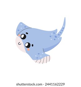 cute stingray fish, t shirt print, kids poster, on white background. Underwater world with seaweed.