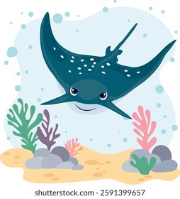 Cute stingray on a sea background. Postcard, sticker. Children's educational material