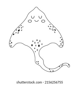 cute stingray outline isolated on white background, black and white drawing of marine inhabitant, vector illustration in cartoon style