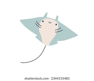 Cute stingray, sea animal in Scandinavian style. Undersea baby character with funny happy smiling face. Marine underwater ray fish. Kids Scandi flat vector illustration isolated on white background
