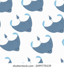 Lindo patrón sin fisuras de rayas. Fondo kawaii para niños. Bajo el mar, el agua, el carácter animal, la fauna del océano. Diseño de Vector plano.	