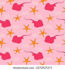 cute stingray seamless vector pattern illustration with orange starfishes on pink background
