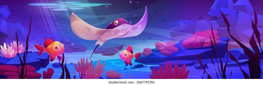Cute stingray and tropical fishes at coral reef ocean or sea underwater background. Marine animals, undersea life, seaweeds grow at rocks under sunlight beam falling from above. Cartoon vector