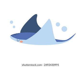 Cute stingray. Vector illustration on white background. Sea animal, Ocean with fish. Children's illustration in cartoon flat style . Underwater life.