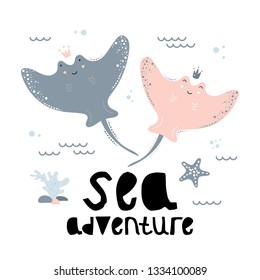 Atracciones, aventuras marítimas. Ilustración infantil vectorial aislada en fondo blanco. Afiche del niño, postal.