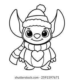 Cute Stitch in a winter hat and scarf, perfect for coloring.