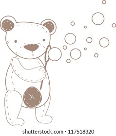 Cute stitched  teddy bear and soap bubbles
