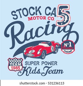 Cute stock car racing team, vector print for children wear with embroidery patches