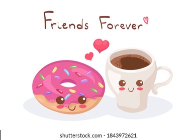 Cute stock vector illustration with Coffee Cup & Donut. Kawaii happy food characters isolated on white with lettering. Funny Espresso with dessert doodle. Use for fabric print, menu design, post card.