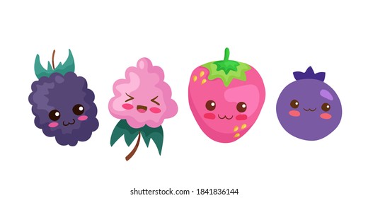 Cute stock vector illustration with Mix Berries. Kawaii happy smiling berry characters isolated on white with lettering. Food doodle for card, print. Blackberry, Raspberry, Strawberry, Blueberry.