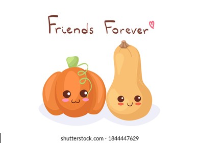 Cute stock vector illustration with squashes - Pumpkin & Butternut. Kawaii happy smiling vegetables characters isolated on white with lettering. Use for t-shirt print, kids menu, card, food hall.