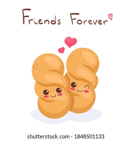 Cute stock vector illustration with Wheat Bread Loafs. Kawaii happy smiling bakery characters isolated on white with lettering. Funny food doodle. Use for t-shirt print, kids menu design, post card.
