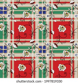 cute stock vector paisley pattern on red green and cream checks stripe background