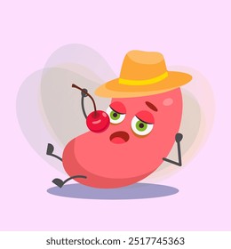 Cute stomach cartoon character in hat eating cherry and relaxing vector illustration. Healthy digestive human organ. Health care, rest, leisure, emotion concept for banner or web design