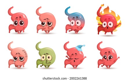 Cute stomach character with different emotions isolated on white background. Vector set of cartoon funny gastric, human abdomen organ smiles, sleeps, feels ache, nausea, reflux and heartburn