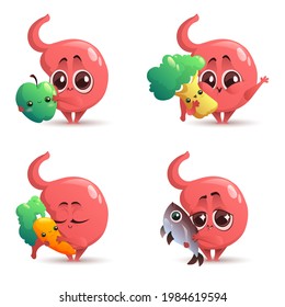 Cute stomach character with healthy food, fruit, vegetables and fish. Human gastric with good products. Vector set of cartoon digestive organ with apple, broccoli and carrot