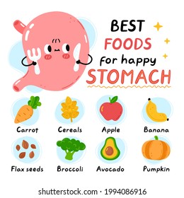 Cute stomach with fork and knife. Best foods for happy healthy stomach infographic. Vector flat doodle cartoon kawaii character illustration icon. Isolated on white background.Healthy food infographic