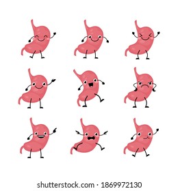  Cute stomach organs character set  in a flat cartoon style. Human organs person with the different emotions. Vector kawaii illustration isolated on white background