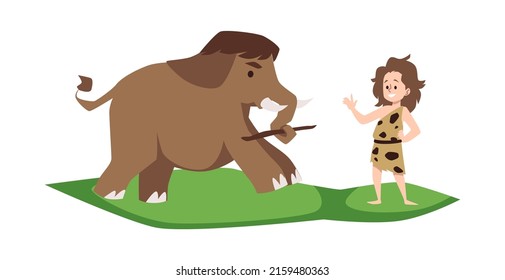 Junge aus Stein, der mit Mammut spielt, flache Vektorgrafik einzeln auf weißem Hintergrund. Kinderkartoon-Charakter mit wildem Tier aus der Zenozoikzeit.