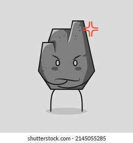 cute stone cartoon with angry expression. one hand on chin. grey. suitable for logos, icons, symbols or mascots