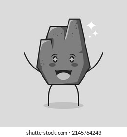 tira cómica de piedra linda con expresión feliz. dos manos arriba, boca abierta y ojos brillantes. adecuado para logotipos, iconos, símbolos o mascotas. gris
