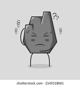 cute stone cartoon with thinking expression, one hand on head and close eyes. grey. suitable for emoticon, logo, mascot and symbol