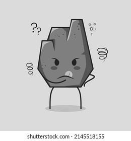 cute stone cartoon with thinking expression and hand placed on chin. grey. suitable for emoticon, logo, mascot and symbol