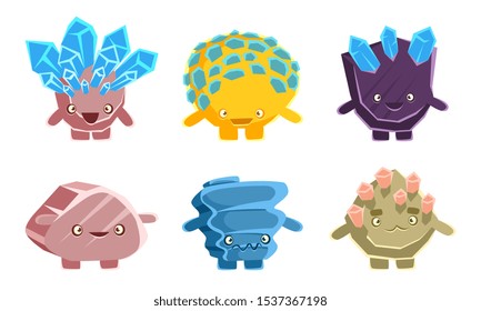 Cute Stones and Crystals Characters Set, Humanized Rocks with Funny Faces, Mobile or Computer Game User Interface Assets Vector Illustration