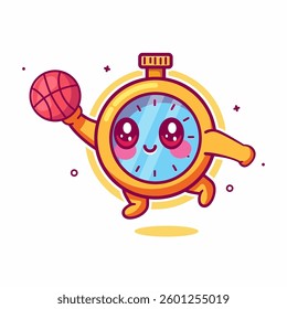 cute stopwatch character mascot playing basketball isolated cartoon	